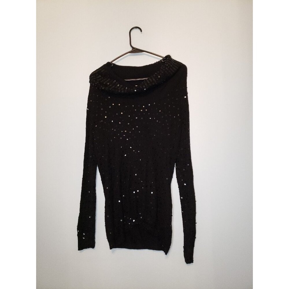 Reba Womens L Black Turtle Neck Sweater All Over Sequin Silk Blend Long Sleeve